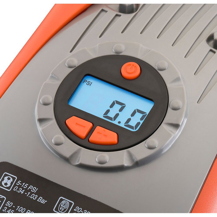 Black+Decker Inflador de aire 11,03 bar / 160 PSI Doble Alimentación 230V CA y 12V CC con 3 Adaptadores, Seleccionador Retroiluminado y Función de Autoapagado, Diseño Compacto