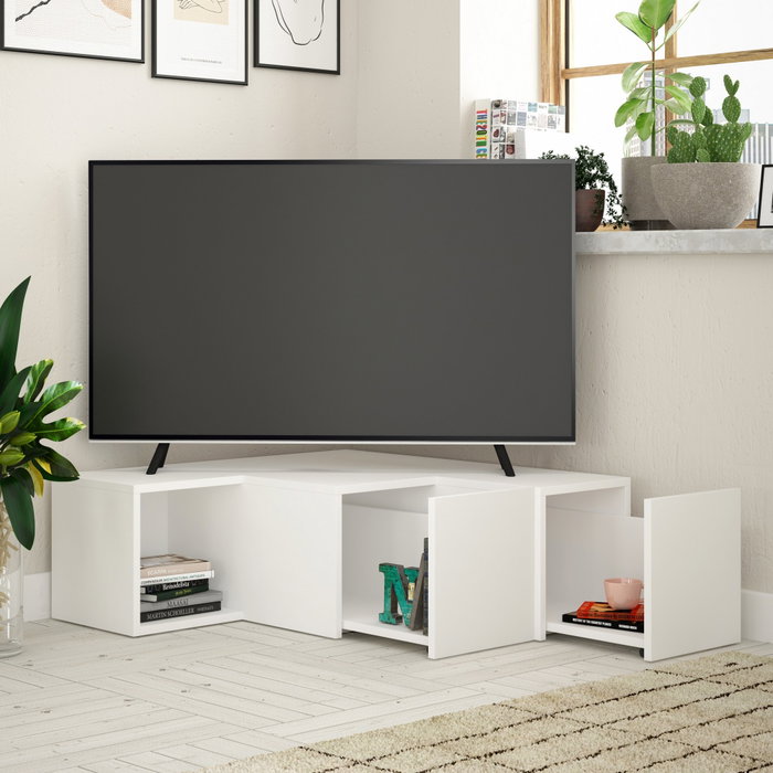 Hanah Home Compact Soporte de TV Blanco 90x32x92cm Moderno y Elegante con Amplio Almacenamiento y Montaje en Pared