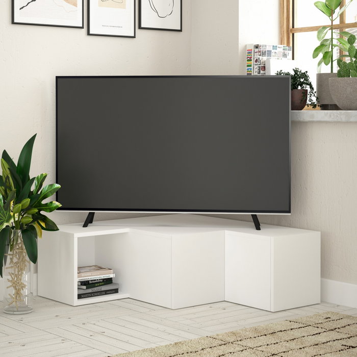 Hanah Home Compact Soporte de TV Blanco 90x32x92cm Moderno y Elegante con Amplio Almacenamiento y Montaje en Pared