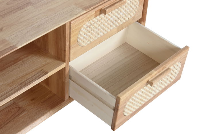 DKD Home Decor Mueble TV Scandi Natural 120x48x30 cm Rubberwood Ratan Metal 4 Cajones