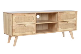 DKD Home Decor Mueble TV Scandi Natural 120x48x30 cm Rubberwood Ratan Metal 4 Cajones