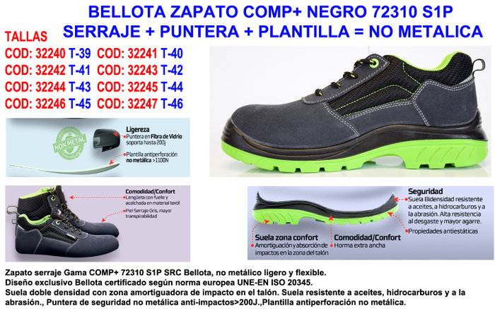 BELLOTA Zapato de Seguridad 72310 Talla 43 S1P Sin Metal BELLOTA Zapato de Seguridad 72310 Talla 43 S1P Sin Metal