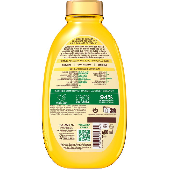 Garnier ORIGINAL REMEDIES Champú de Camomila y Miel de Flores - Hidratación y Brillo para Cabellos Rubios - 600 ml