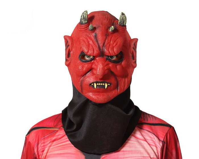 Máscara Demonio Rojo Con Cuernos Y Cuello De Tela Para Halloween Y Espectáculos De Horror Máscara Demonio Rojo Con Cuernos Y Cuello De Tela Para Halloween Y Espectáculos De Horror