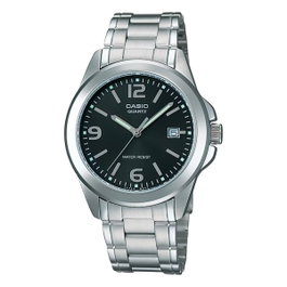 Casio MTP-1215A-1A con esfera negra y correa de acero gris