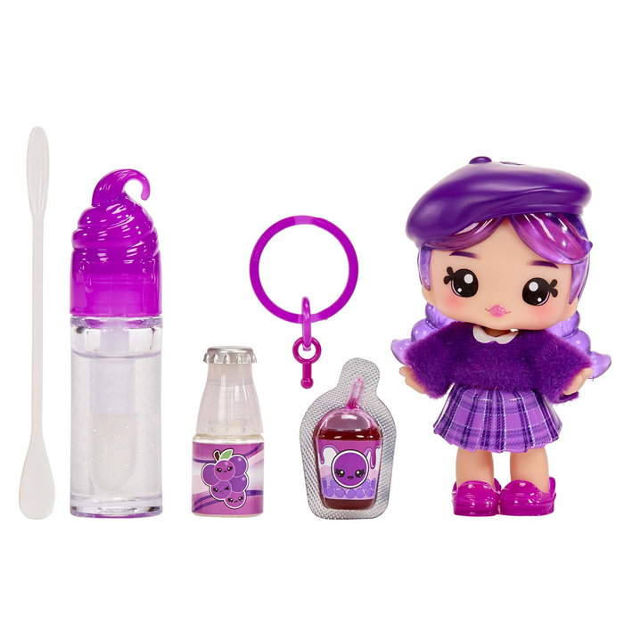 MGA Yummiland Lipgloss Greta Grape 120773, Labial con Purpurina y Esencia, Muñeca Perfumada Articulada +4 Años
