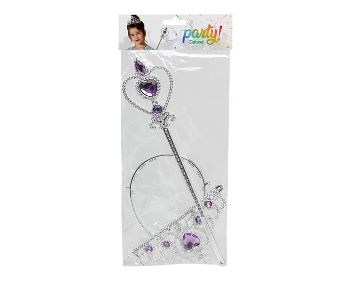Tiara Plateada Con Corazones Y Varita Morada Para Princesa Infantil