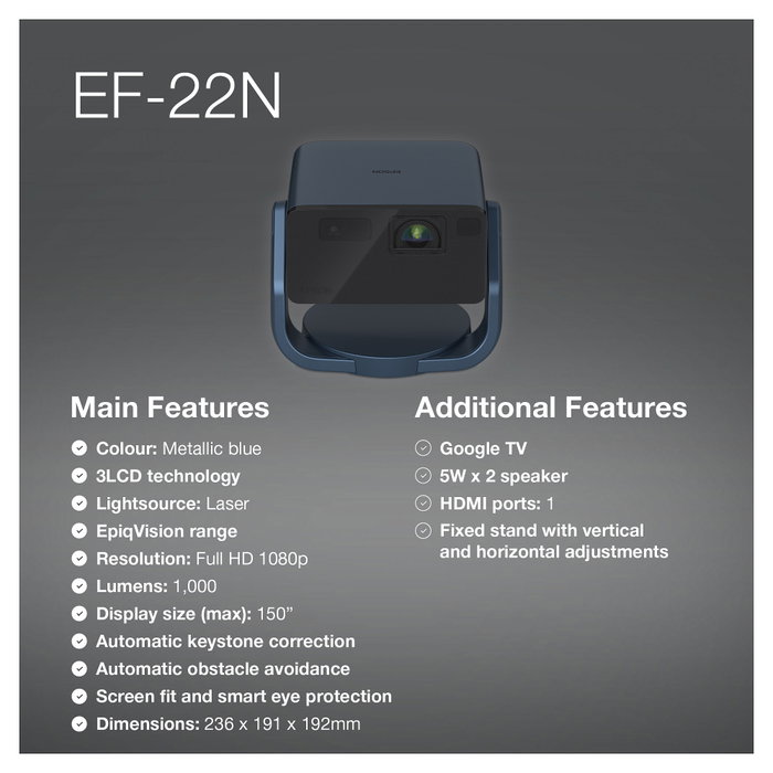 Epson EF-22N Proyector Láser Full HD 1080p 1000 Lúmenes 3LCD, Relación de Contraste 5000000:1, Smart TV, 5W Altavoz, Blanco y Color 1000lm, Negro y Azul