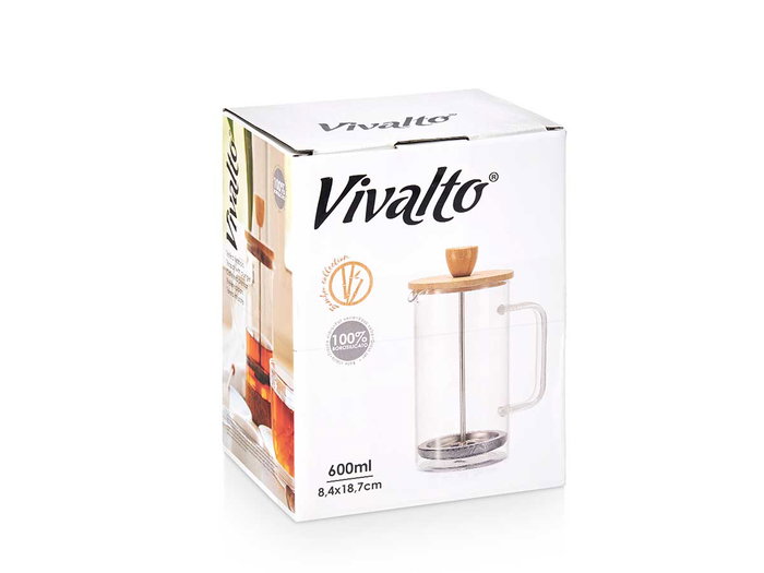 Vivalto Tetera Embolo Borosilicato Tapa Bambu 600ml 13.5x19x9cm (Set de 8)