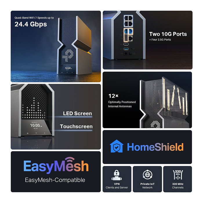 TP-Link Archer BE900 Quad-Band Wi-Fi 7 Router 24 Gbps 802.11be, 12 Antenas, Ethernet Multi-Gigabit, USB 3.2, Negro Gris, Escritorio