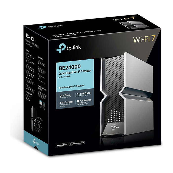 TP-Link Archer BE900 Quad-Band Wi-Fi 7 Router 24 Gbps 802.11be, 12 Antenas, Ethernet Multi-Gigabit, USB 3.2, Negro Gris, Escritorio