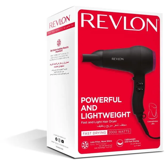 Revlon Secador de Pelo Ligero 2000W de Secado Rápido con Parrilla Cerámica Iónica