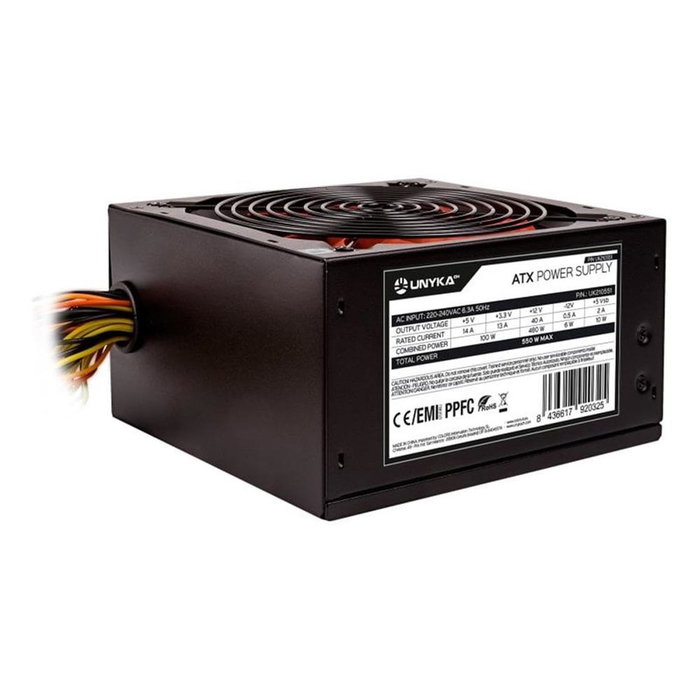 UNYKA Fuente de Alimentación Gaming ATX 550W UK210551 - ATX 2.31, PPFC, Ventilador 140mm Negro y Rojo