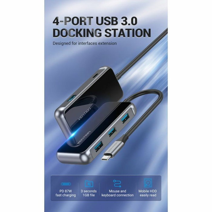 Vention TFDHB Hub USB-C 5 en 1 con 4x USB 3.0 y PD 87W, Gris Vention TFDHB Hub USB-C 5 en 1 con 4x USB 3.0 y PD 87W, Gris