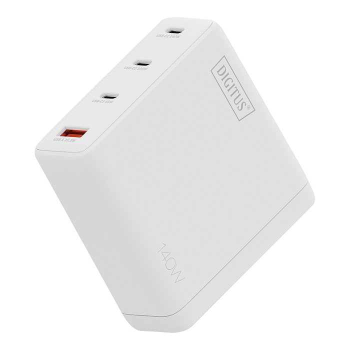 Digitus Cargador GaN USB 140W, Carga Rapida, 3 Puertos USB-C y 1 USB-A, Blanco, Compatibilidad Universal, Interruptor de Proteccion