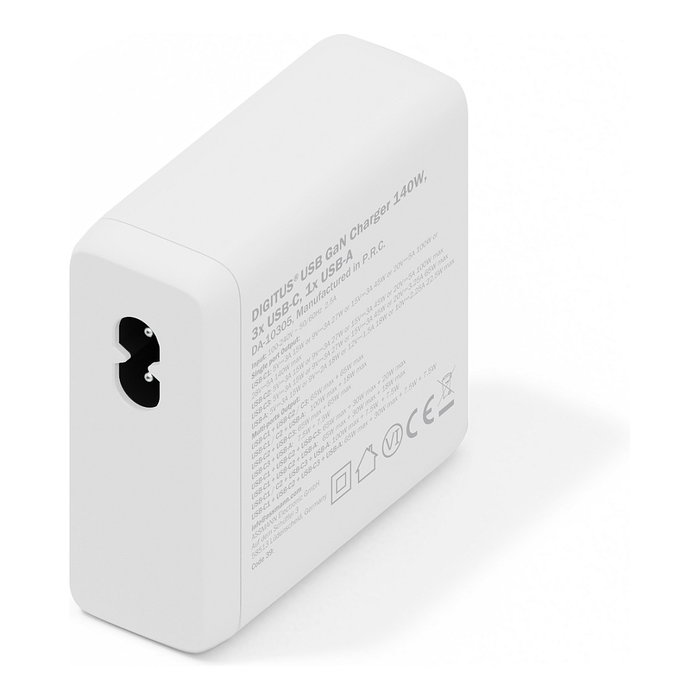 Digitus Cargador GaN USB 140W, Carga Rapida, 3 Puertos USB-C y 1 USB-A, Blanco, Compatibilidad Universal, Interruptor de Proteccion