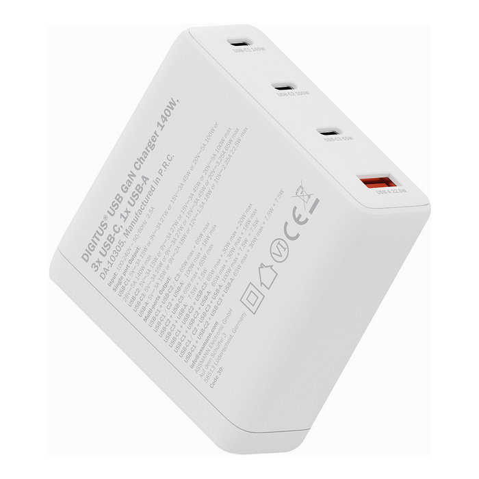 Digitus Cargador GaN USB 140W, Carga Rapida, 3 Puertos USB-C y 1 USB-A, Blanco, Compatibilidad Universal, Interruptor de Proteccion