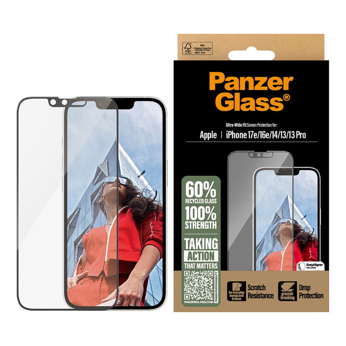 PanzerGlass Protector de Pantalla iPhone 17e 16e 14 13 13 Pro Ultra-Wide Fit con EasyAligner de Vidrio Templado Antirrayones Antigolpes 1 Unidad