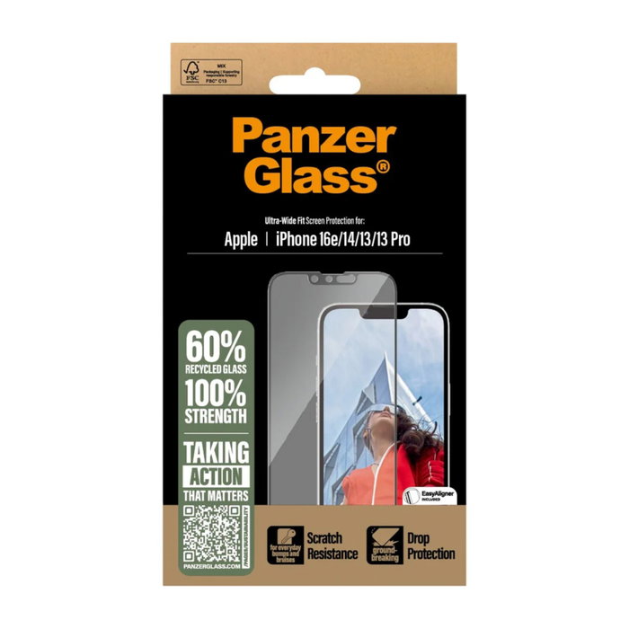 PanzerGlass Protector de Pantalla Ultra-Wide Fit para iPhone 13, 13 Pro, 14, 16e y 17e con EasyAligner