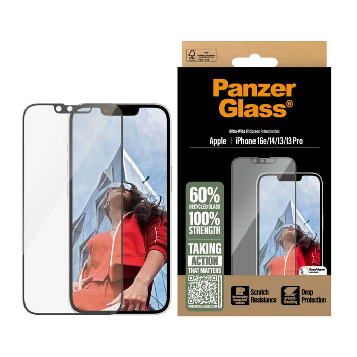 PanzerGlass Protector de Pantalla Ultra-Wide Fit para iPhone 13, 13 Pro, 14, 16e y 17e con EasyAligner