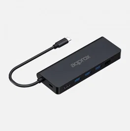 Approx APPC53 Hub USB-C 8 en 1 con 3x USB-A 3.0, HDMI 4K 30Hz, RJ-45 Gigabit, USB-C PD 100W, Lector de Tarjetas SD/MicroSD, Cable 18cm, Negro