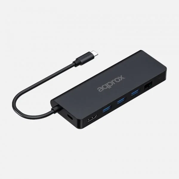 Approx APPC53 Hub USB-C 8 en 1 con 3x USB-A 3.0, HDMI 4K 30Hz, RJ-45 Gigabit, USB-C PD 100W, Lector de Tarjetas SD/MicroSD, Cable 18cm, Negro