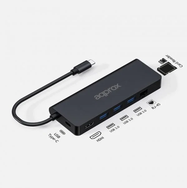 Approx APPC53 Hub USB-C 8 en 1 con 3x USB-A 3.0, HDMI 4K 30Hz, RJ-45 Gigabit, USB-C PD 100W, Lector de Tarjetas SD/MicroSD, Cable 18cm, Negro