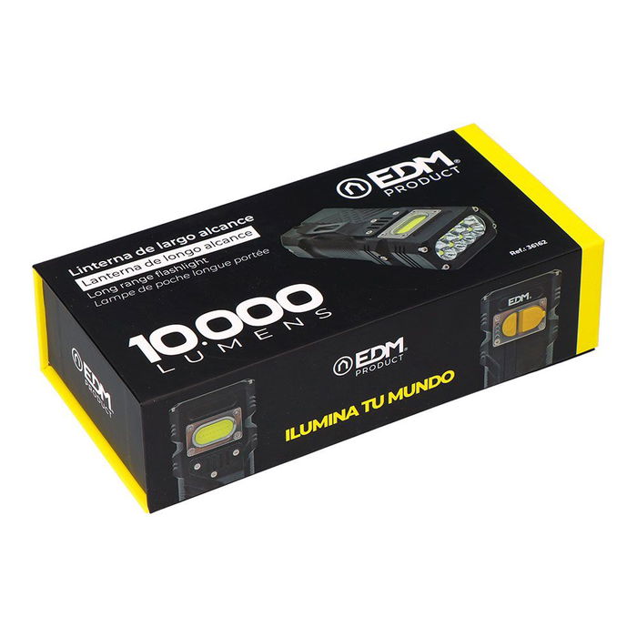 Edm Linterna LED Largo Alcance 10000 Lumen, IP44, USB-C, 2x4000mAh, Power Bank, Rosca Trípode, Clip y Correa
