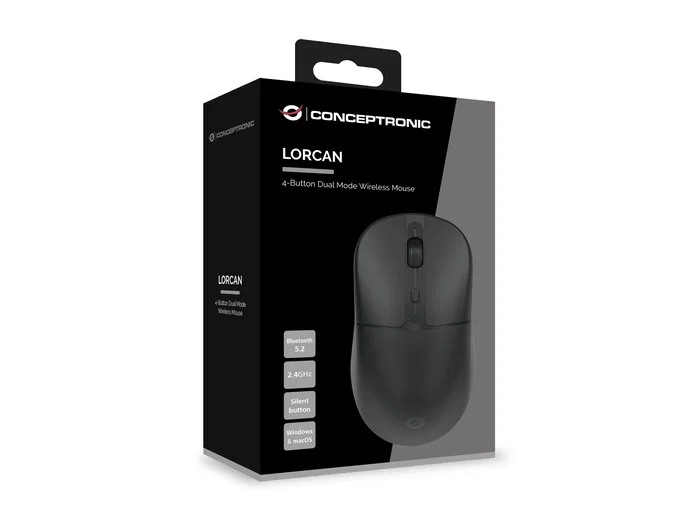 Conceptronic LORCAN04B Ratón Óptico Inalámbrico RF + Bluetooth Ambidiestro para Oficina, 4 Botones, 1600 DPI, Clic Silencioso, Negro