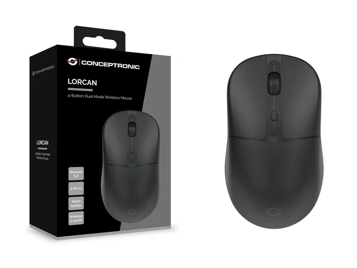 Conceptronic LORCAN04B Ratón Óptico Inalámbrico RF + Bluetooth Ambidiestro para Oficina, 4 Botones, 1600 DPI, Clic Silencioso, Negro