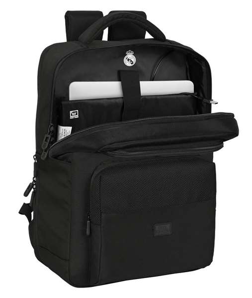 Safta Mochila Real Madrid Premium para portátil de 15,6'' con USB y 2 Bolsillos, Color Negro, 31x44x13cm