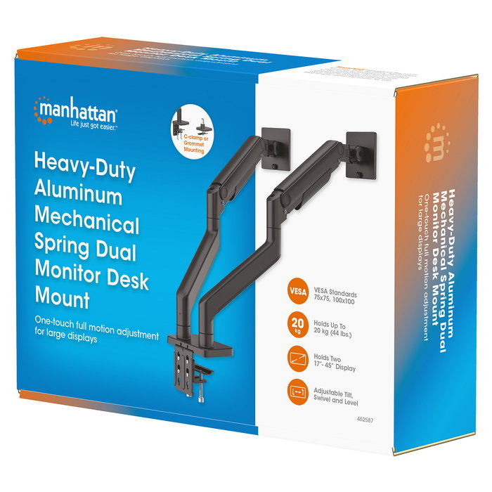 MANHATTAN Soporte de Mesa Doble Articulado con Muelle para 2 Monitores/TV 17"-45" (VESA 75/100), Negro, Capacidad Máx. 40 kg