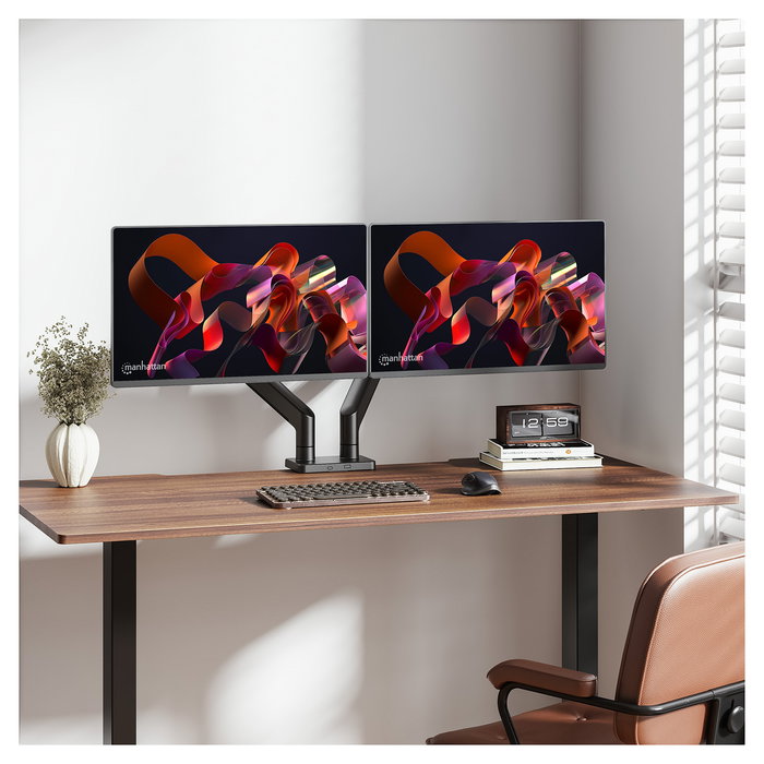 MANHATTAN Soporte de Mesa Doble Articulado con Muelle para 2 Monitores/TV 17"-45" (VESA 75/100), Negro, Capacidad Máx. 40 kg