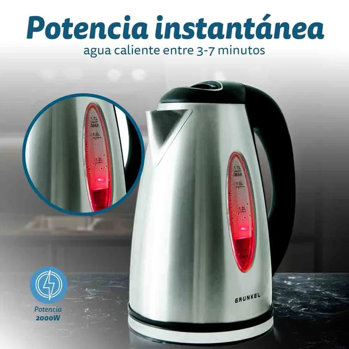 Grunkel HV-16GX Hervidor Eléctrico 1.7L 2200W Acero Inoxidable con Filtro Antical, Base 360°, Apagado Automático y Luz Indicadora