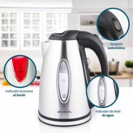 Grunkel HV-16GX Hervidor de Agua Eléctrico 2000W, 1.7L con Apagado Automático y Sistema de Seguridad, Acero Inoxidable, Blanco