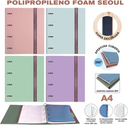 SENFORT Carpebloc Ringbook Foam A4 con 4 anillas de 35 mm y recambio colores pastel