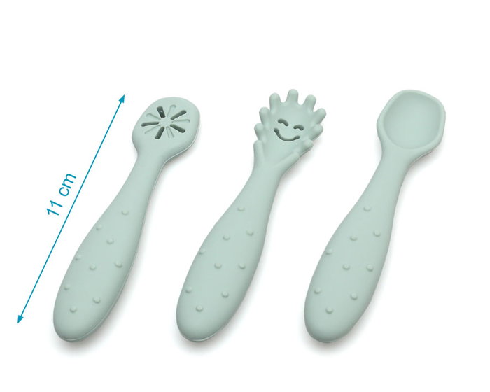 KioKids Little sauvages Set de 3 Cubiertos de Silicona Verde para Bebé, Pre-Cuchara Cuchara Pre-Tenedor, Apto Lavavajillas, +6 Meses