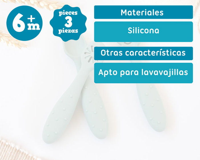 KioKids Little sauvages Set de 3 Cubiertos de Silicona Verde para Bebé, Pre-Cuchara Cuchara Pre-Tenedor, Apto Lavavajillas, +6 Meses