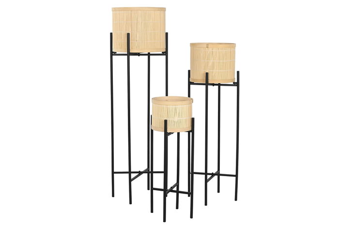 DKD Home Decor Macetero Scandi Negro Natural Bambú Metal Set de 3 Piezas 31 x 31 x 103 cm
