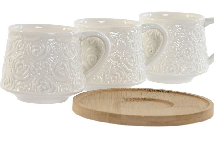 DKD Home Decor Set de 6 Tazas de Café de Porcelana y Bambú, Blanco, 90 ml
