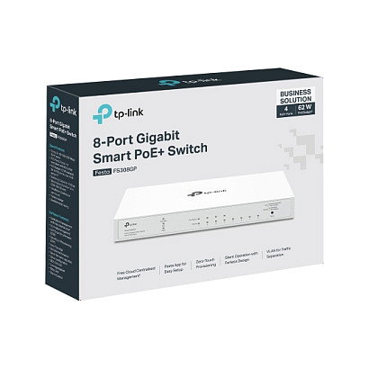 TP-Link Switch Gestionado 8 Puertos Gigabit PoE+ FS308GP, 4 Puertos PoE a 30W, Montaje Rack, 16 Gbit/s, Blanco