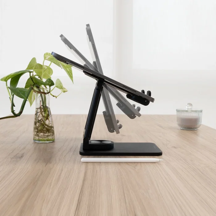 TooQ Hermes Soporte Pasivo de Sobremesa Ajustable y Giratorio 360° para Móvil y Tablet hasta 12.9 Pulgadas, Plegable - Negro