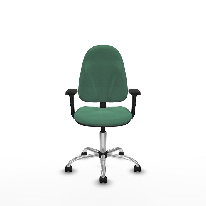 Silla de oficina Algarra con mecanismo Contacto permanente básico tapizada con Tela color Verde esmeralda. Equipada con Base cromada, Brazos 2D y Ruedas de nailon 50 mm