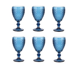 DKD Home Decor Set de 6 Copas de Cristal con Relieve Azul de 300 ml