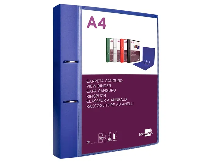 Liderpapel Carpeta Canguro 2 Anillas 40mm Polipropileno DIN A4 Azul Translúcido