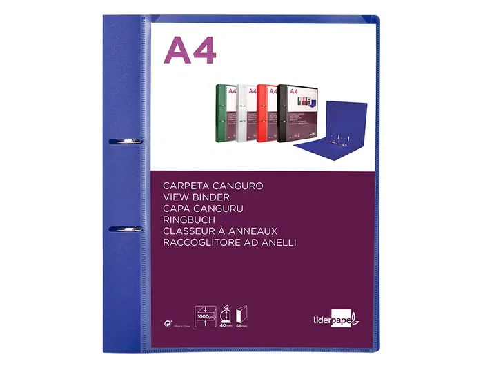 Liderpapel Carpeta Canguro 2 Anillas 40mm Polipropileno DIN A4 Azul Translúcido