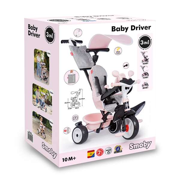 Smoby Triciclo Baby Driver Confort para Niños 2 Años Rosa 59x52x44 cm - Sin Montaje
