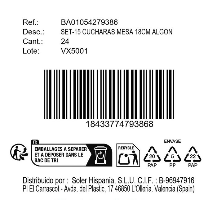 Inde Set 15 Cucharas de Mesa 18 cm Algon (24 Unidades)