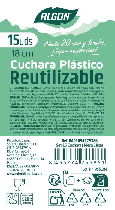 Inde Set 15 Cucharas de Mesa 18 cm Algon (24 Unidades)