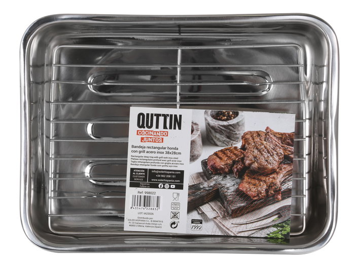 Quttin Bandeja Rectangular con Parrilla, 24 unidades, Acero Inoxidable, Medidas 38 x 27.5 cm (4 Unidades)